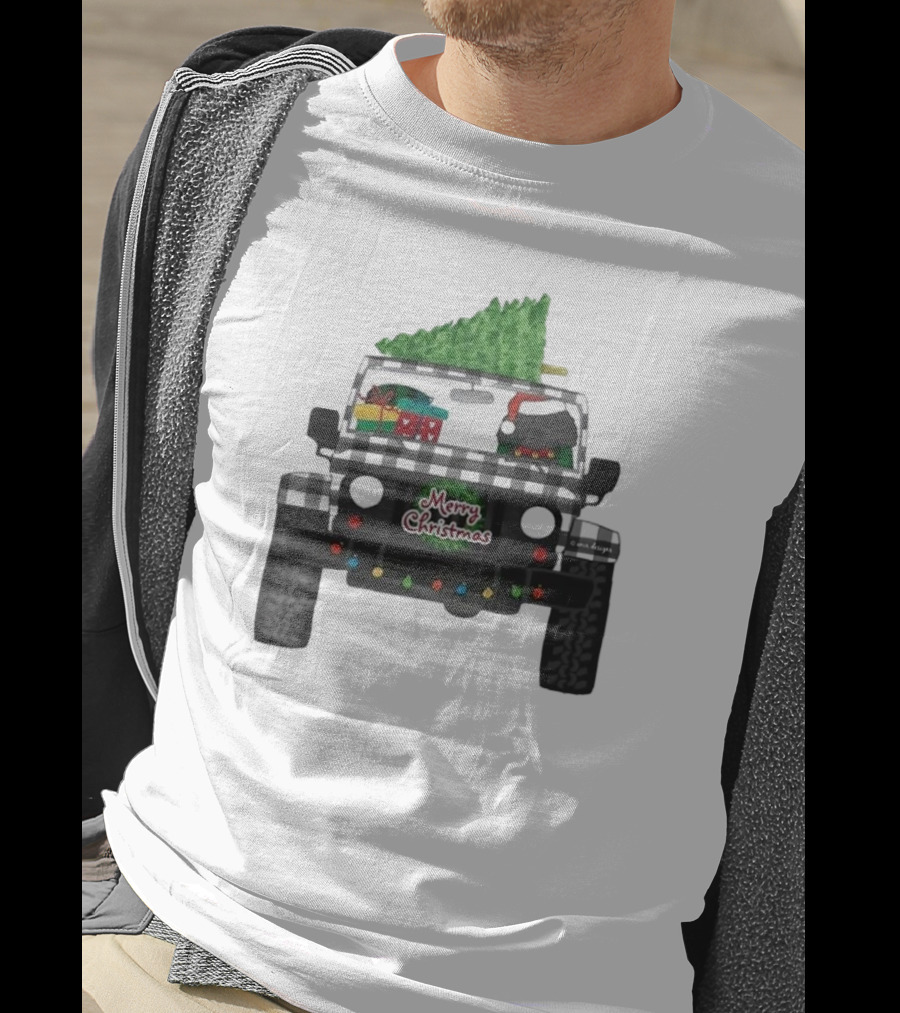 Merry Christmas Black Buffalo Plaid Jeep With Cartoon Labradoodle And Tree T-Shirt