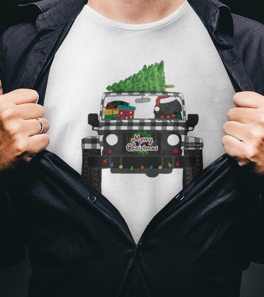 Merry Christmas Black Buffalo Plaid Jeep With Cartoon Labradoodle And Tree T-Shirt