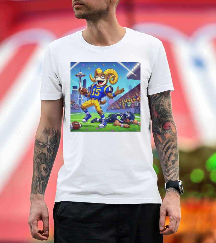 Los Angeles Rams Mascot Victorious Over Seattle Seahawks in Football Battle T-Shirt