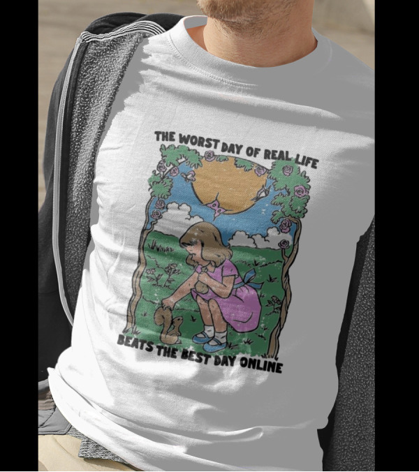 The Worst Day Of Real Life Beats The Best Day Online Vintage Illustration With Girl And Puppy T-Shirt
