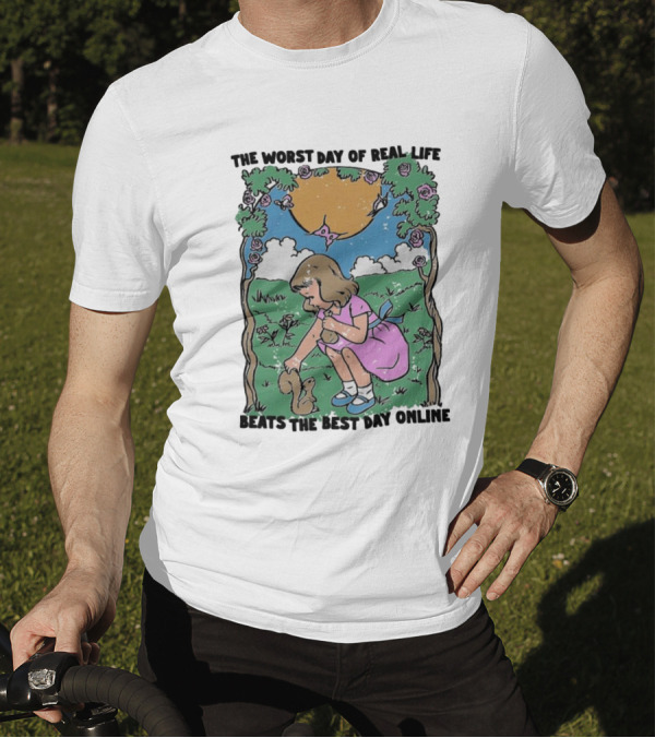 The Worst Day Of Real Life Beats The Best Day Online Vintage Illustration With Girl And Puppy T-Shirt