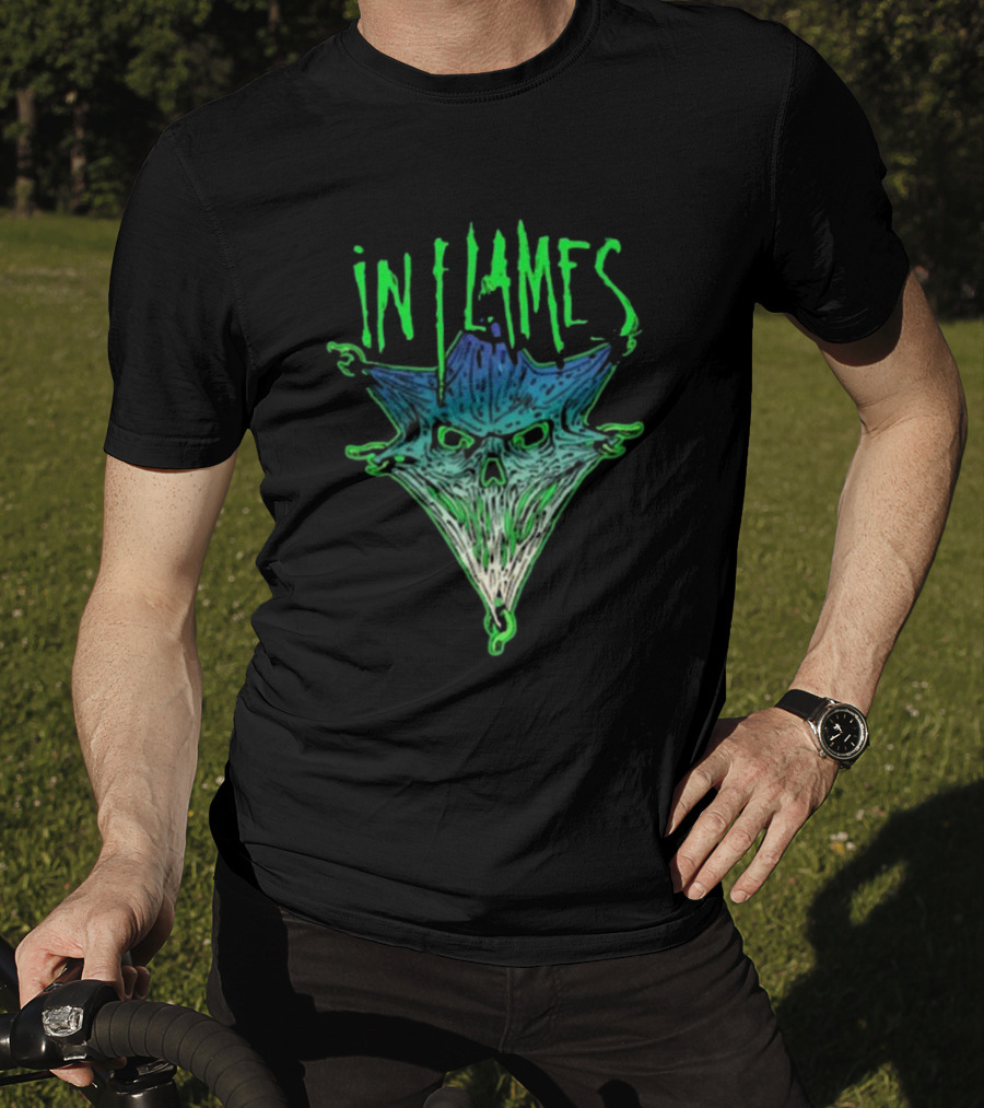 In Flames Pierced Jester Skull Face T-Shirt