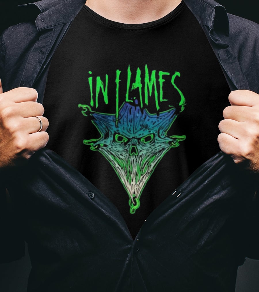 In Flames Pierced Jester Skull Face T-Shirt