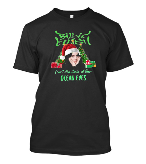 Billie Eilish Can't Stop Starin' At Those Ocean Eyes Christmas 2024 Santa Hat And Christmas Trees T-Shirt