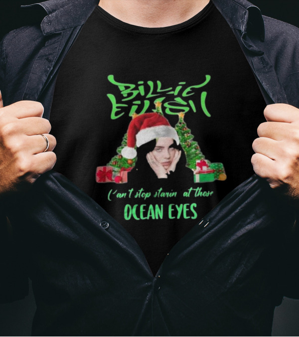 Billie Eilish Can't Stop Starin' At Those Ocean Eyes Christmas 2024 Santa Hat And Christmas Trees T-Shirt