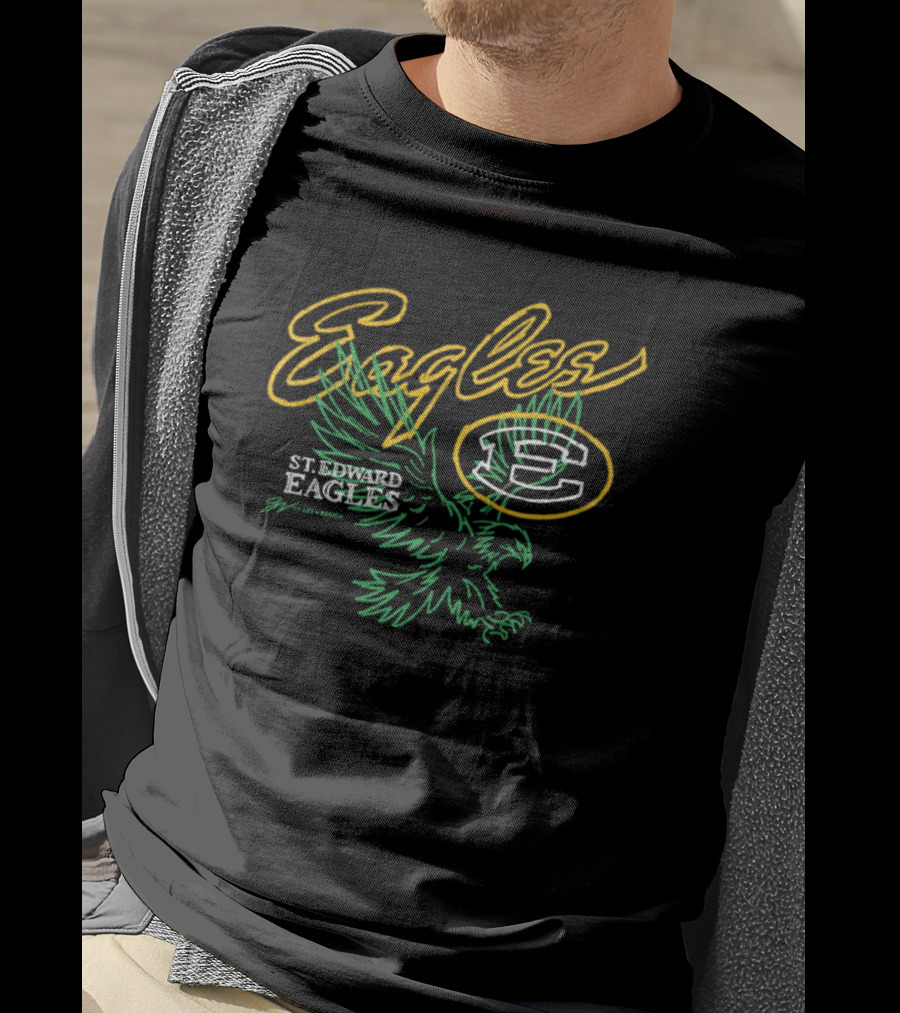 St. Edward Eagles Basketball Yellow Outline And Green Eagle Emblem T-Shirt
