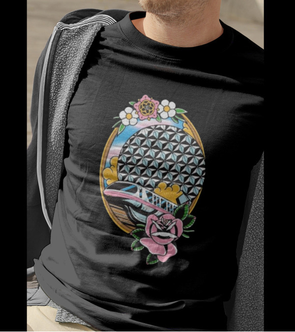 The Lost Bros Monorail Spaceship Earth Tattoo Style Floral T-Shirt
