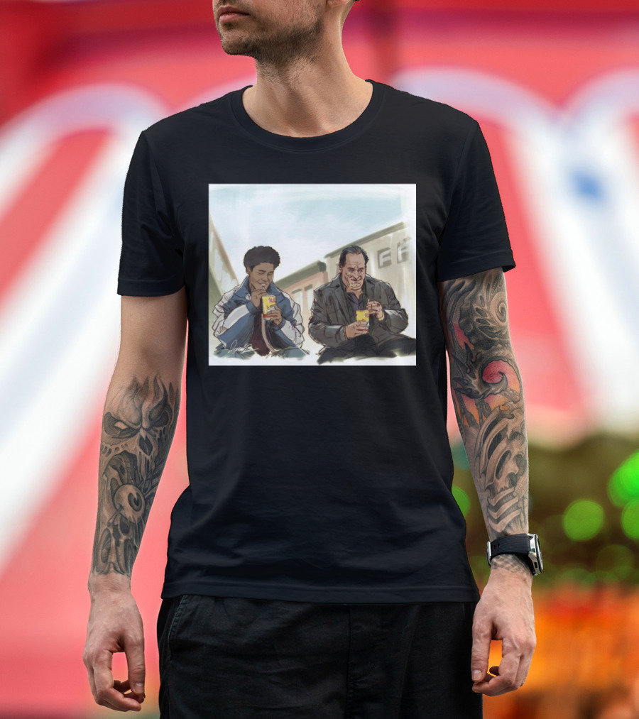 The Penguin I Can’t Take You With Me This Time Illustration of Two Men Drinking Boba Tea in Urban Setting T-Shirt