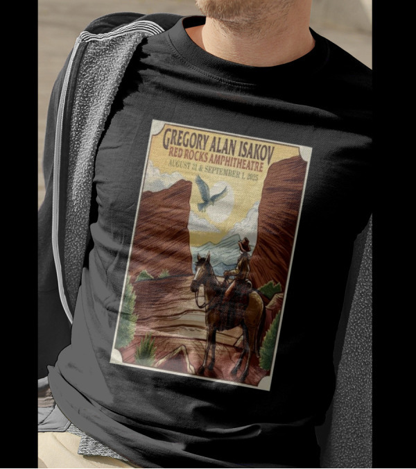 Gregory Alan Isakov Red Rocks Amphitheatre August 31 September 1 2025 Cowboy Scene With Eagle And Mountains T-Shirt