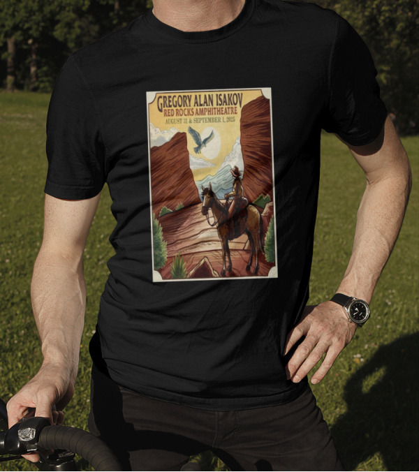 Gregory Alan Isakov Red Rocks Amphitheatre August 31 September 1 2025 Cowboy Scene With Eagle And Mountains T-Shirt