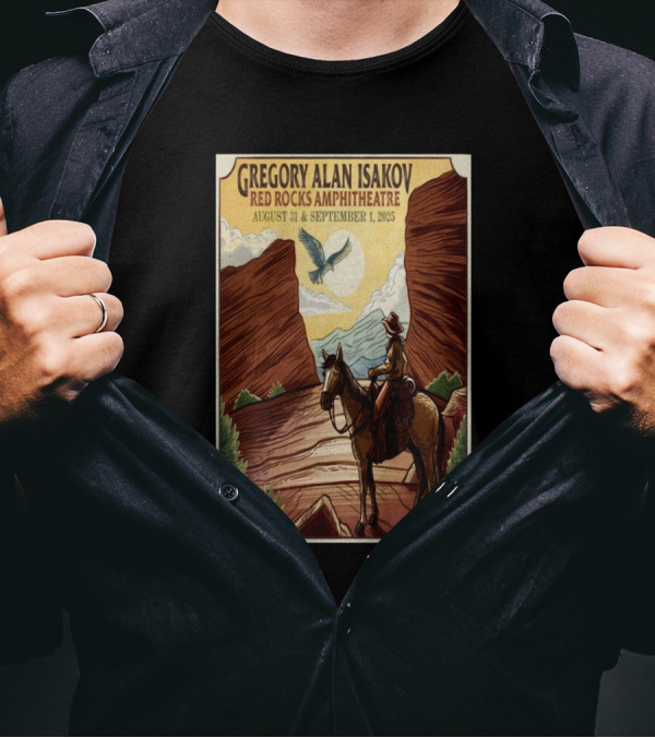 Gregory Alan Isakov Red Rocks Amphitheatre August 31 September 1 2025 Cowboy Scene With Eagle And Mountains T-Shirt