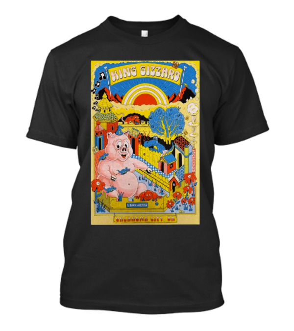 King Gizzard Oklahoma City OK The Criterion November 12 2024 Vibrant Cartoon Pig And Psychedelic Landscape T-Shirt