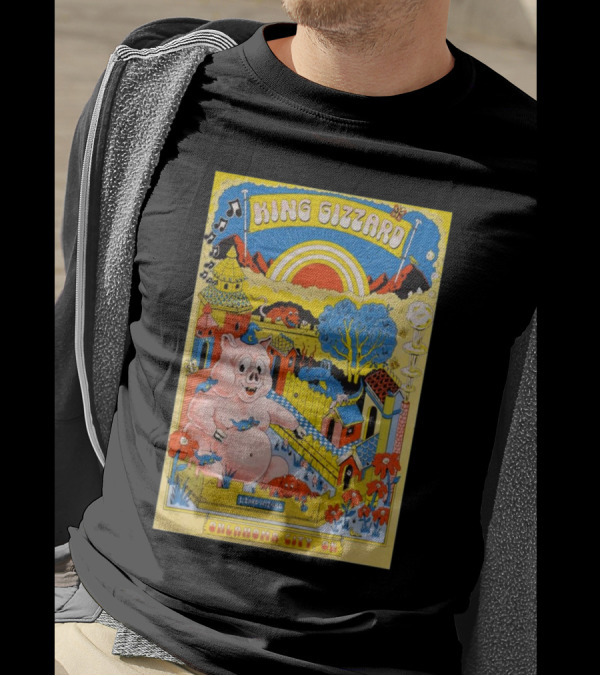 King Gizzard Oklahoma City OK The Criterion November 12 2024 Vibrant Cartoon Pig And Psychedelic Landscape T-Shirt
