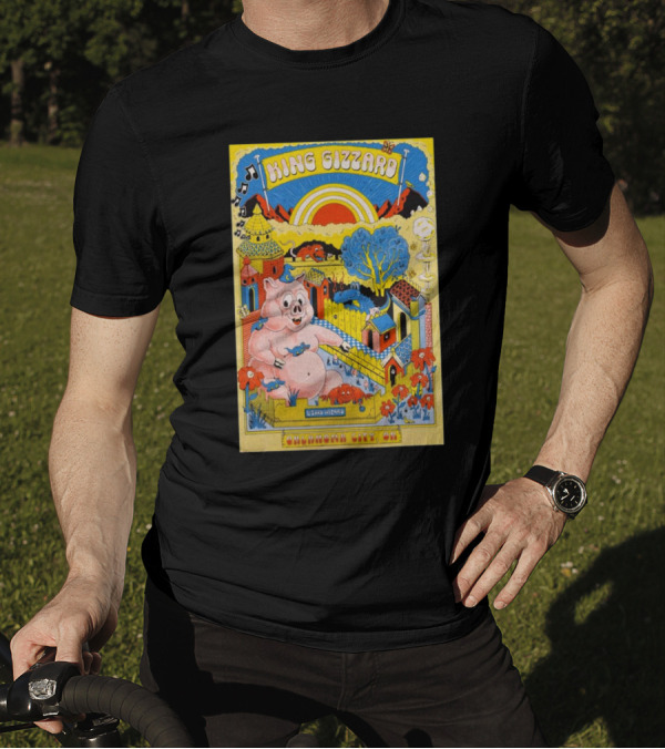 King Gizzard Oklahoma City OK The Criterion November 12 2024 Vibrant Cartoon Pig And Psychedelic Landscape T-Shirt