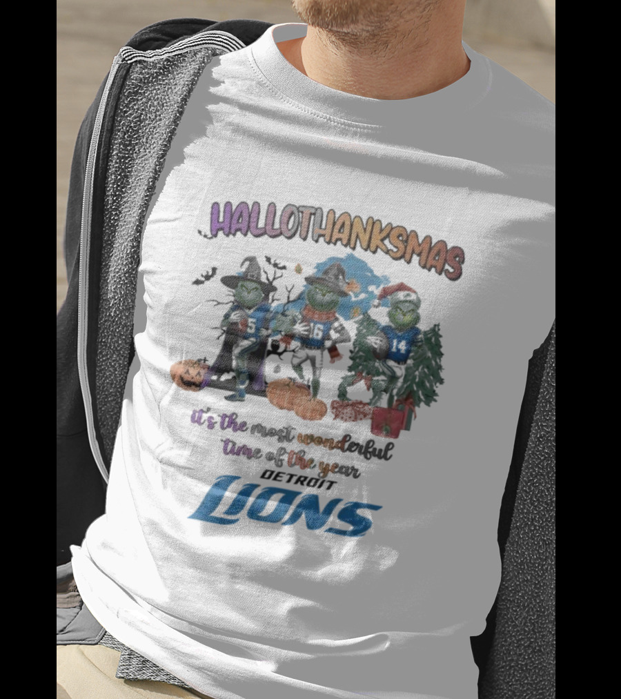 Detroit Lions Hallothanksmas Grinch It's The Most Wonderful Time Of The Year T-Shirt