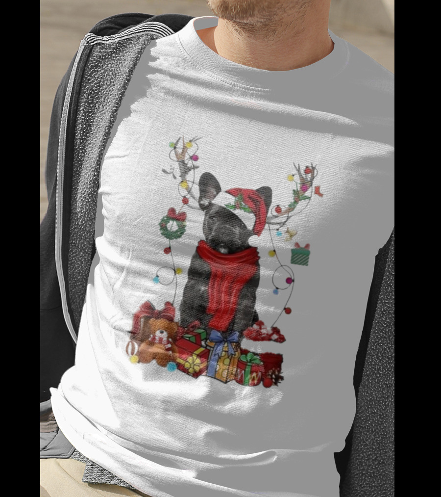 French Bulldog Reindeer Christmas Lights Merry Christmas Wreath Gifts T-Shirt