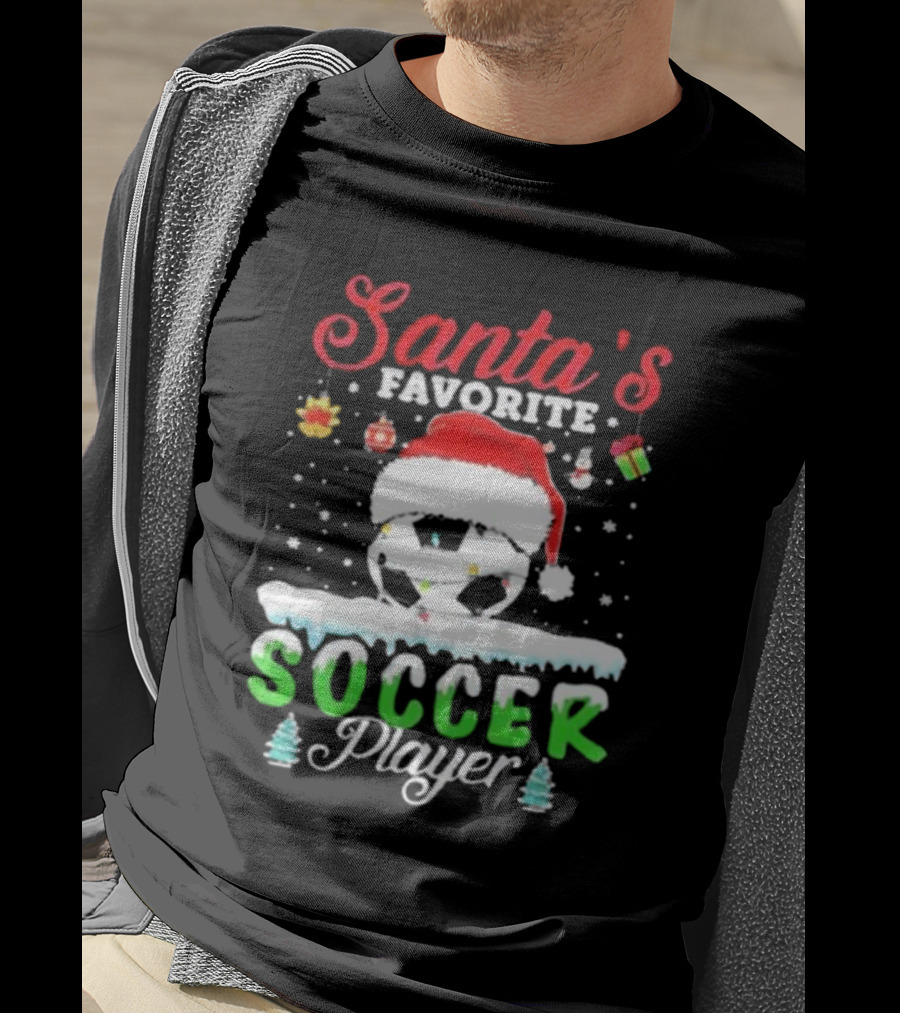 Santa's Favorite Soccer Player Christmas Football Soccer Ball Santa Hat Snowflakes T-Shirt