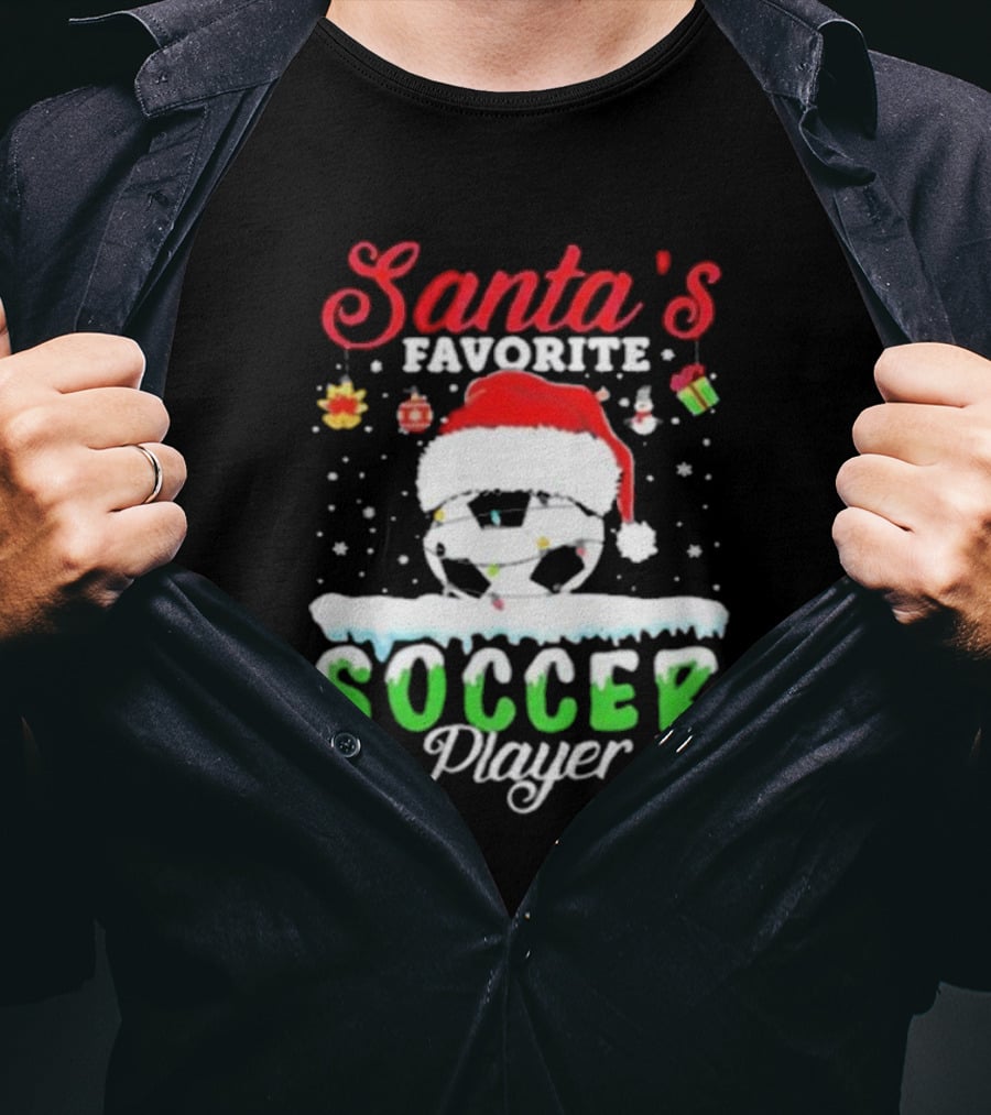 Santa's Favorite Soccer Player Christmas Football Soccer Ball Santa Hat Snowflakes T-Shirt