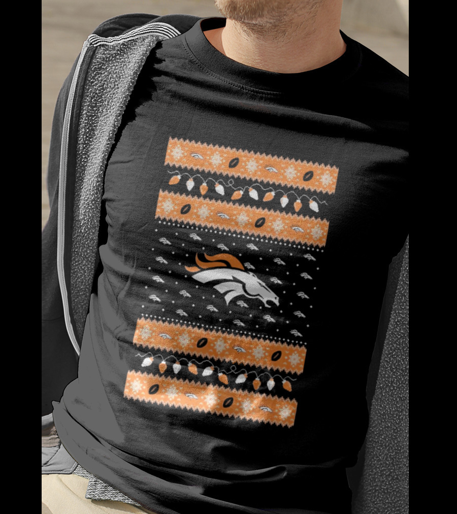 Denver Broncos NFL Ugly Sweater Holiday Lights Christmas T-Shirt