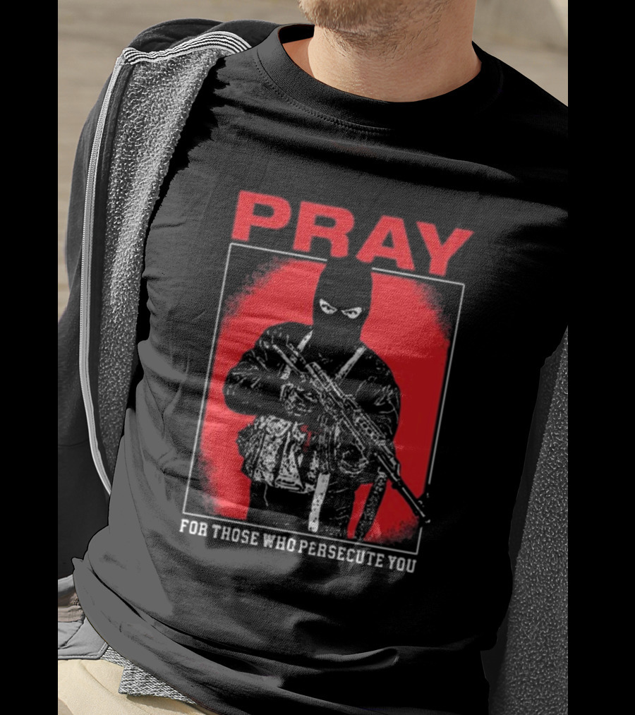 Ritualprintslc Shayne Smith Pray For Those Who Persecute You Masked Figure With Rifle In Red And Black T-Shirt