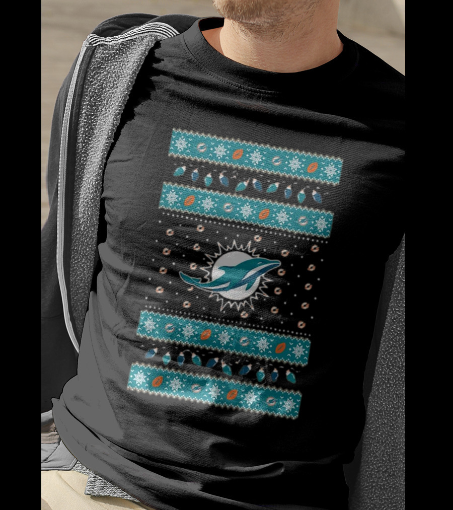 Miami Dolphins NFL Holiday Lights Ugly Sweater Christmas Football T-Shirt