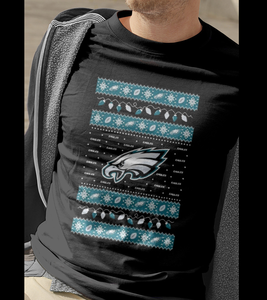 Philadelphia Eagles NFL Holiday Lights Ugly Sweater Christmas Eagles Logo Pattern T-Shirt