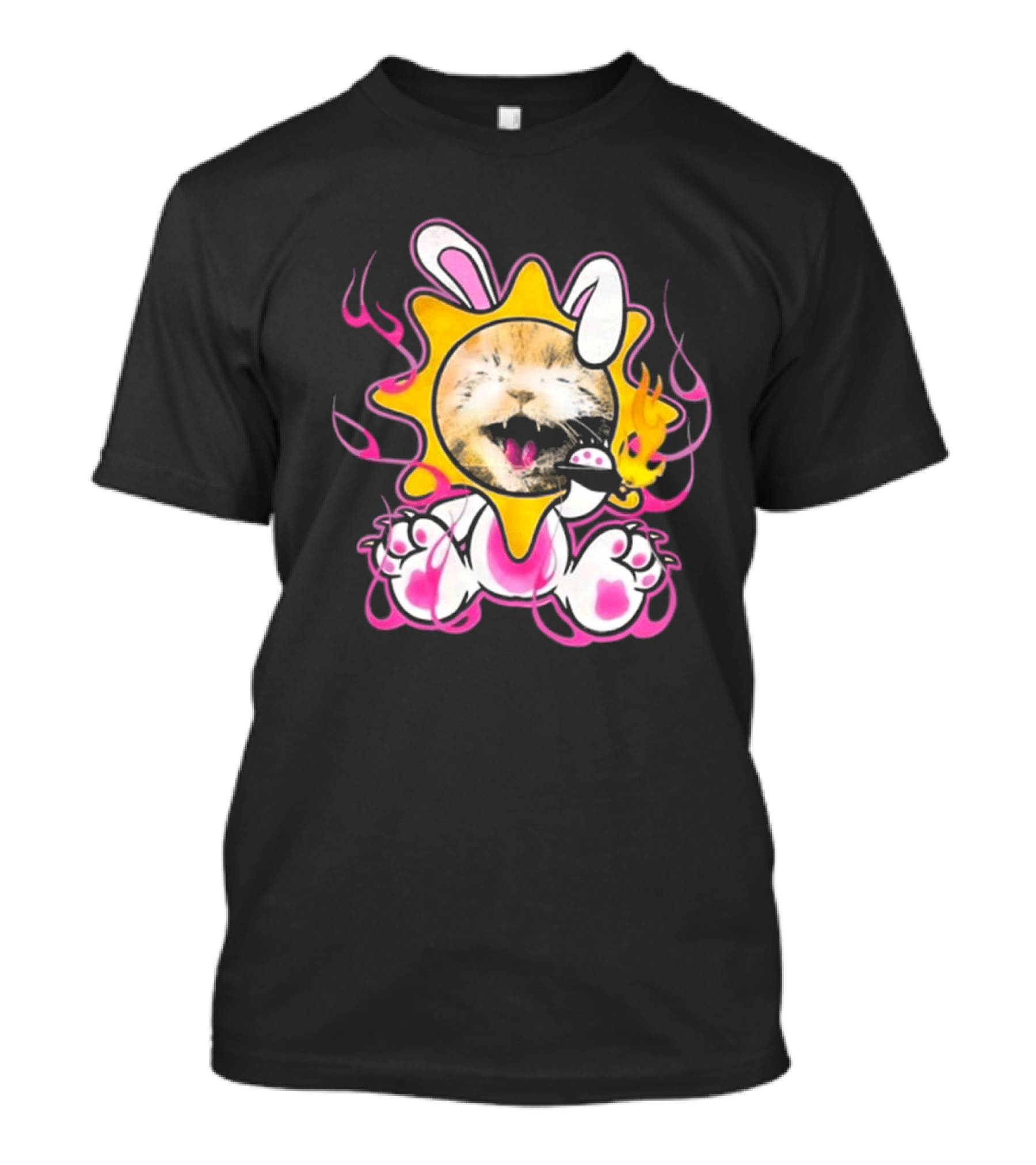 Praiseche Cat Sunburst Bunny Ears Pink Flames T-Shirt