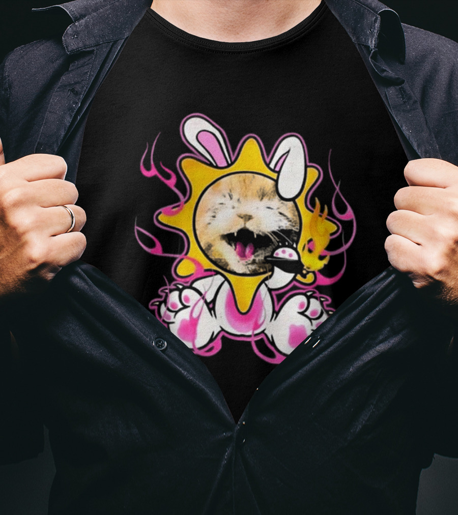 Praiseche Cat Sunburst Bunny Ears Pink Flames T-Shirt