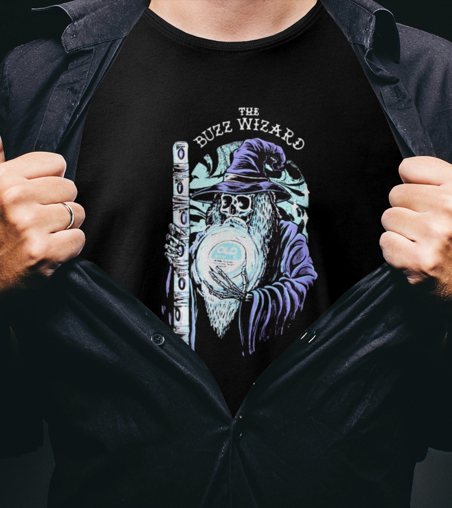 The Buzz Wizard Holding Old Row Branded Magic Orb And Staff T-Shirt