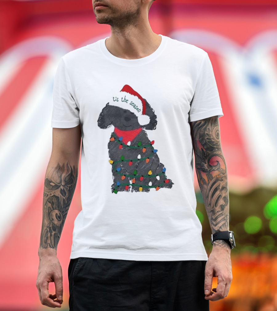 'Tis the Season Labradoodle Wrapped in Christmas Lights and Santa Hat T-Shirt
