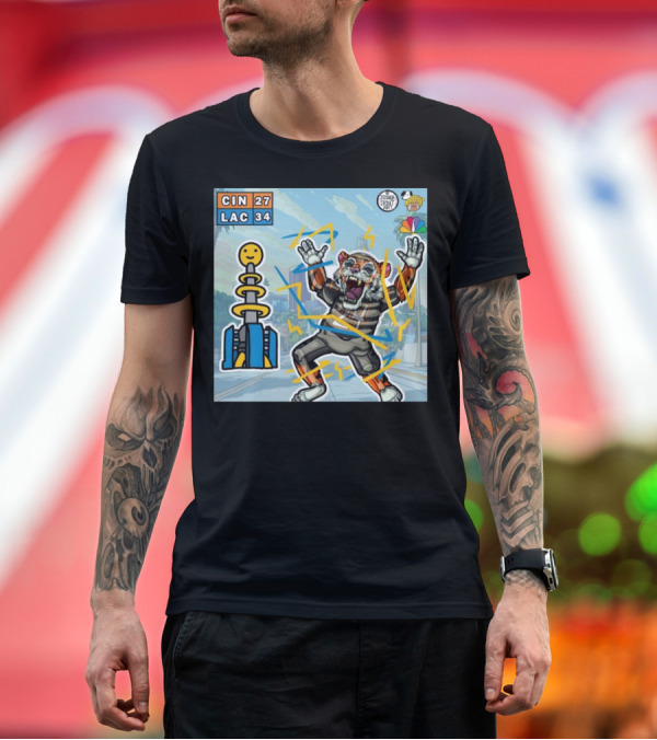 Premium T-Shirt: Cincinnati Bengals Vs Los Angeles Chargers 27 34 Josiah Stout Art Tiger Celebration NFL Football T-Shirt Cincinnati Bengals Vs Los Angeles Chargers 27 34 Josiah Stout Art Tiger Celebration NFL Football T-Shirt