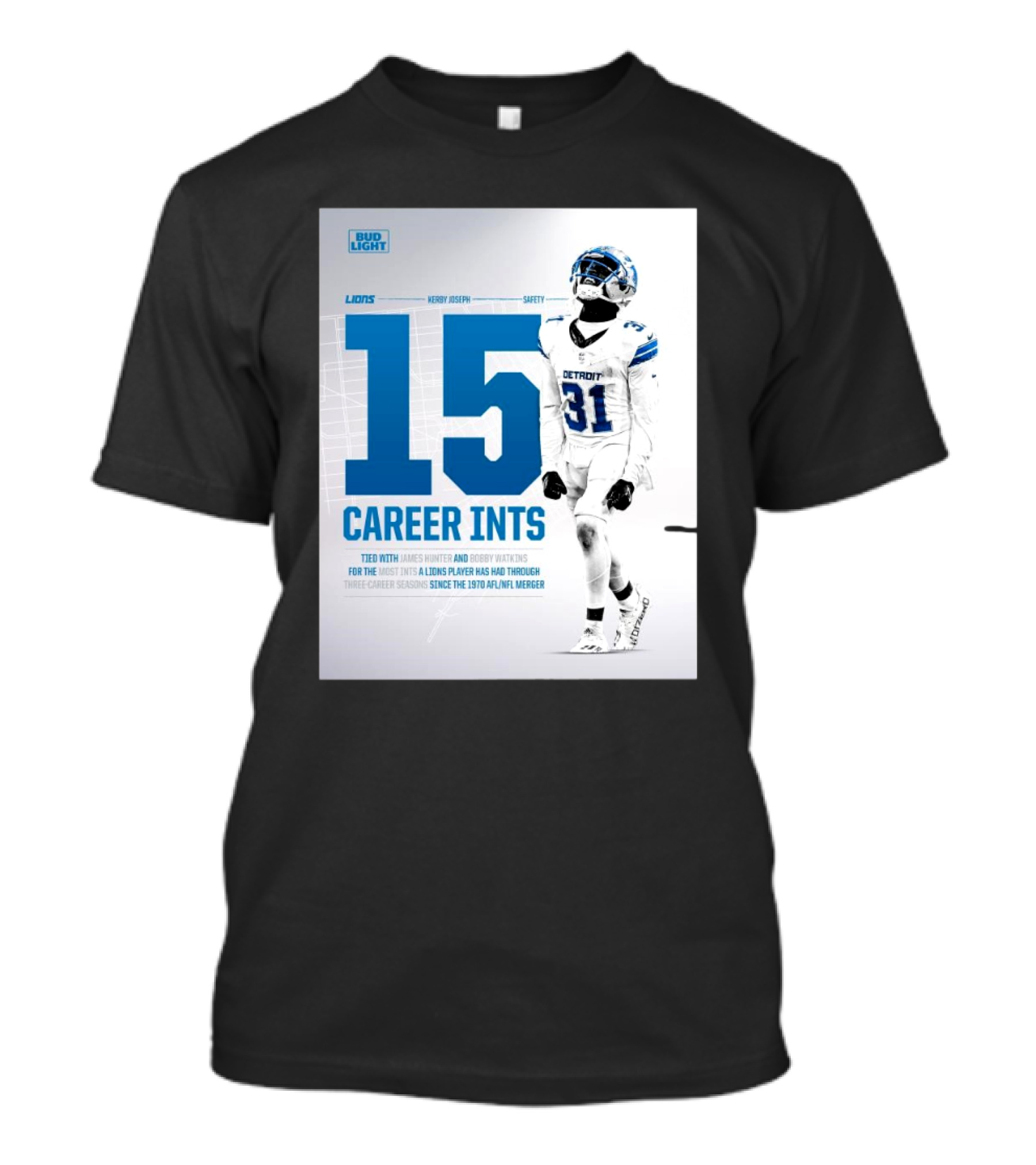 Detroit Lions Kerby Joseph 15 Career INTs Tied With James Hunter And Bobby Watkins Most INTs Since 1970 AFL-NFL Merger T-Shirt