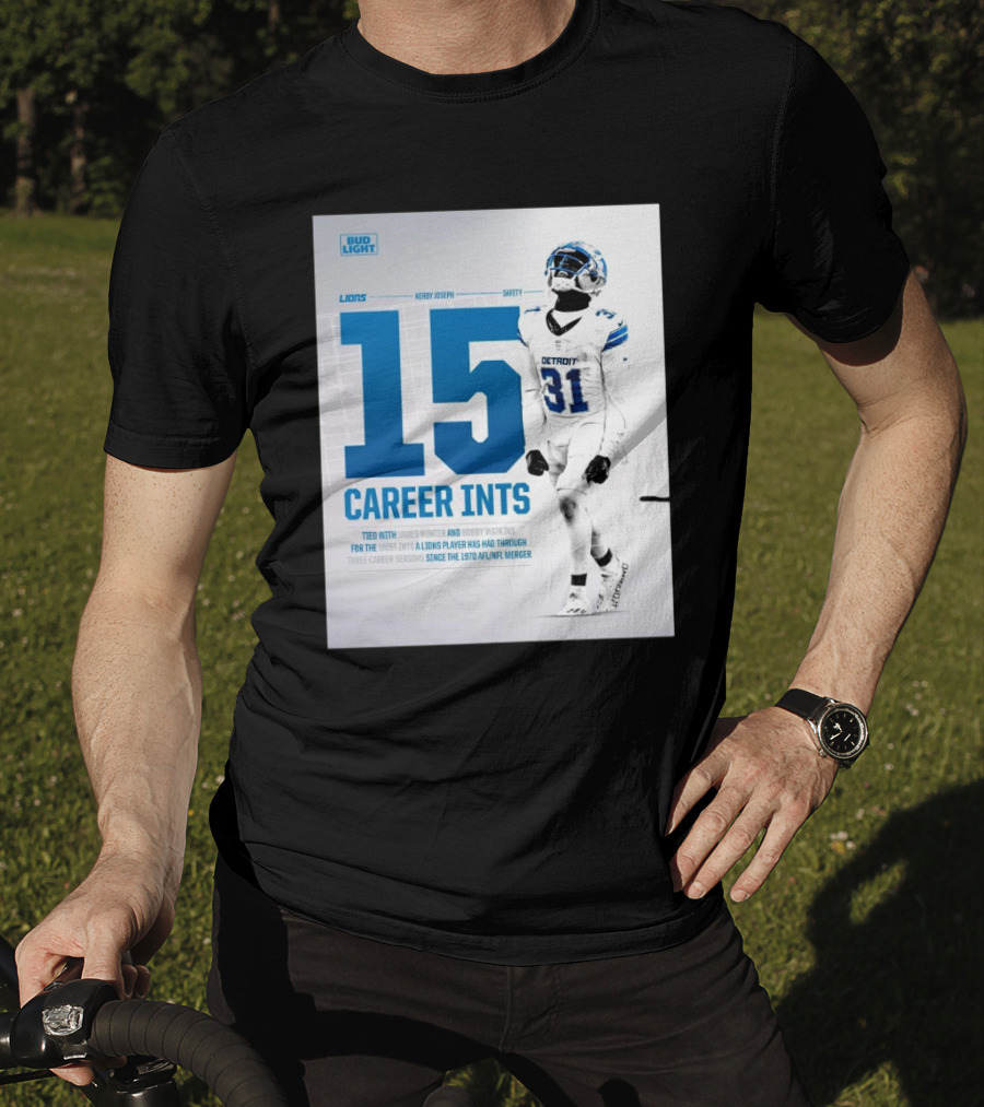 Detroit Lions Kerby Joseph 15 Career INTs Tied With James Hunter And Bobby Watkins Most INTs Since 1970 AFL-NFL Merger T-Shirt