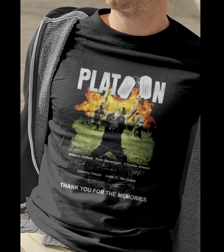 Platoon Thank You For The Memories Signatures Willem Dafoe Tom Berenger Charlie Sheen Johnny Depp John C. McGinley T-Shirt