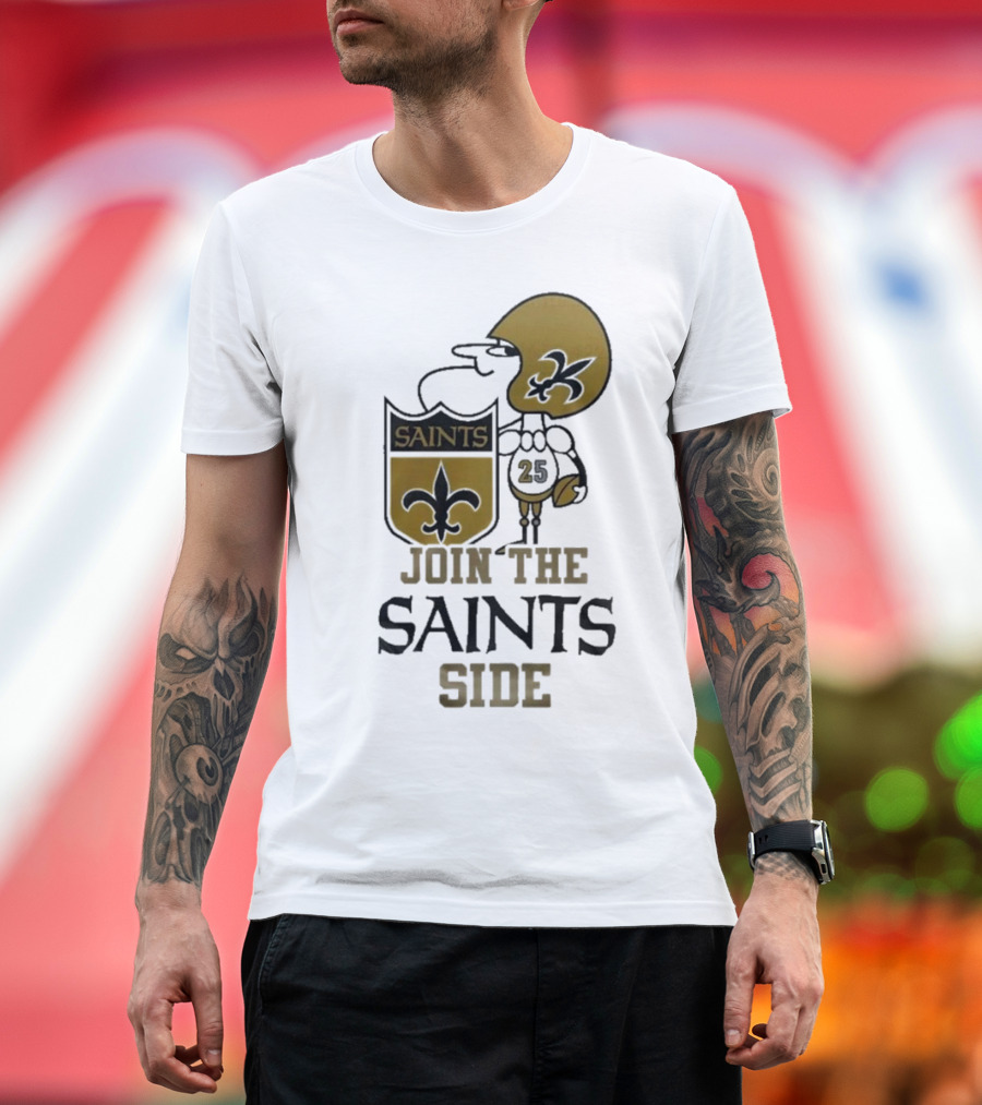 New Orleans Saints Join The Saints Side 2024 Saints Side Iconic Helmet Player Fleur-de-Lis T-Shirt