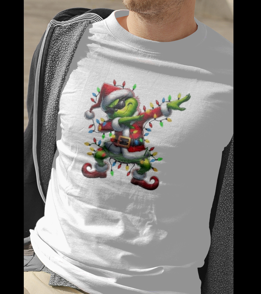 Santa Grinch Dabbing Festive Lights Merry Christmas T-Shirt