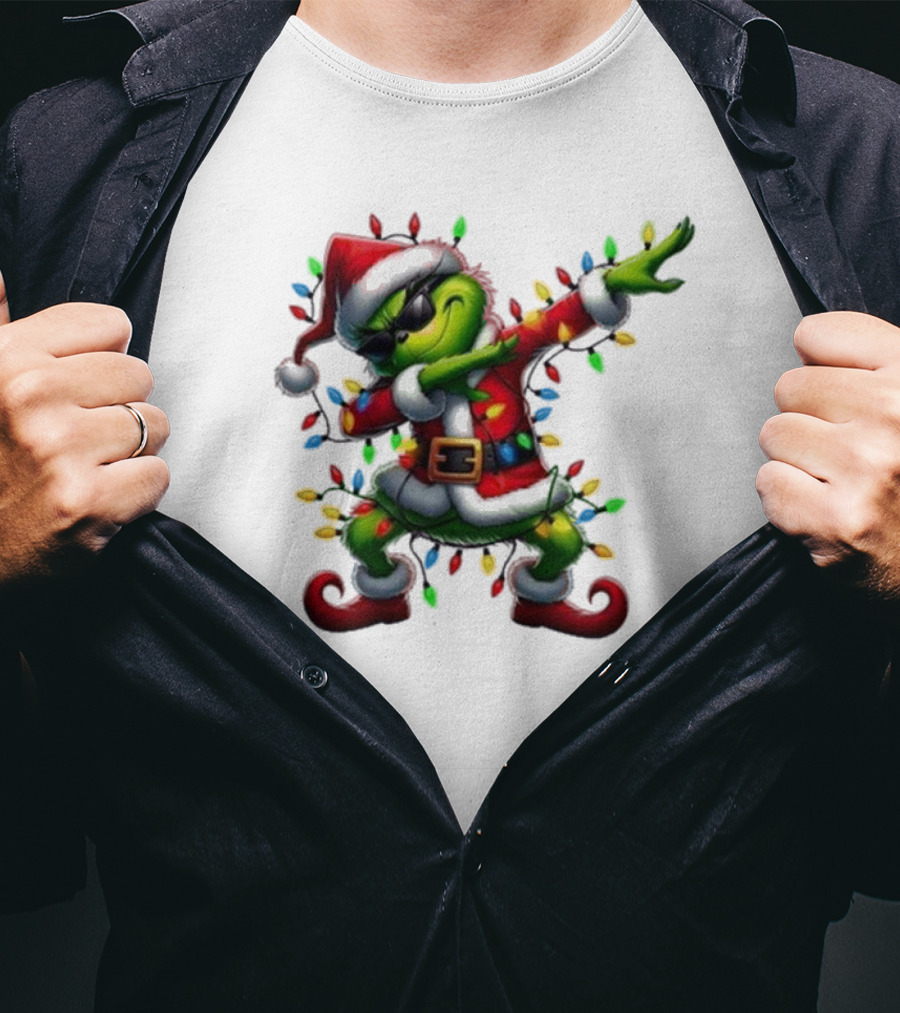 Santa Grinch Dabbing Festive Lights Merry Christmas T-Shirt