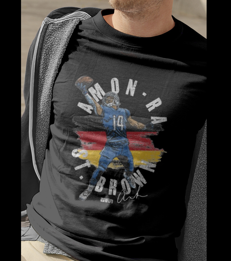 Amon-Ra St. Brown Detroit Lions NFLPA Germany Flag Signature 14 T-Shirt