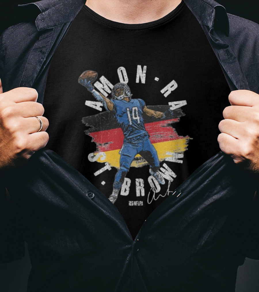 Amon-Ra St. Brown Detroit Lions NFLPA Germany Flag Signature 14 T-Shirt