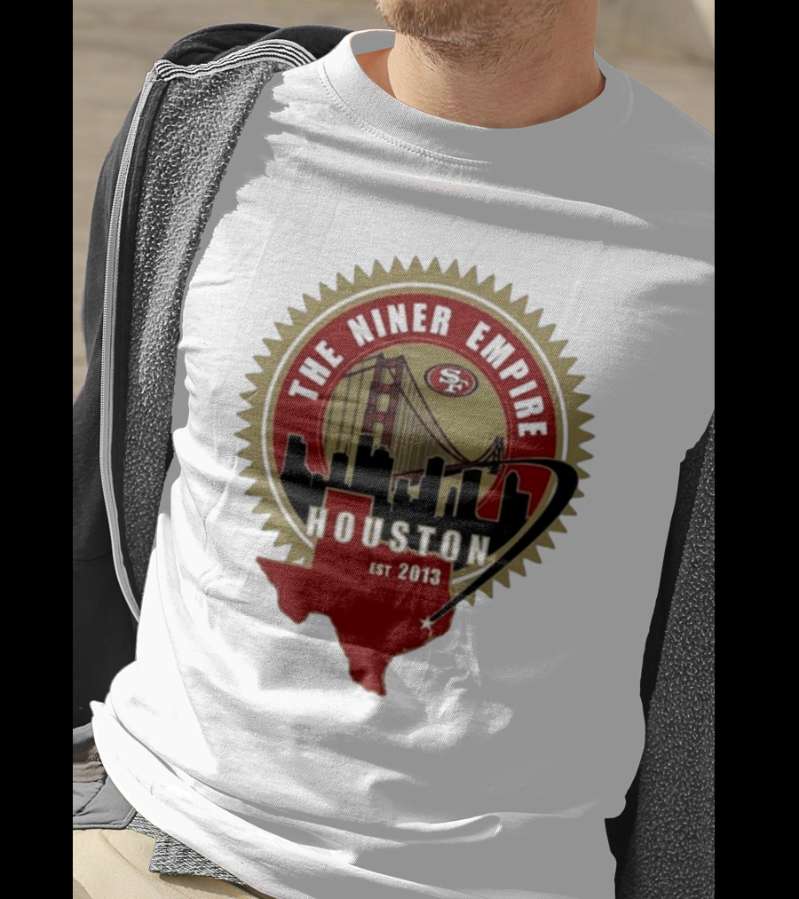 San Francisco 49ers NFL The Niner Empire Houston Est 2013 Golden Gate Bridge Skyline Badge T-Shirt