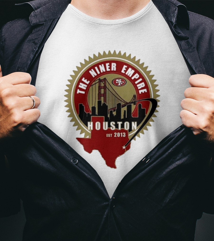 San Francisco 49ers NFL The Niner Empire Houston Est 2013 Golden Gate Bridge Skyline Badge T-Shirt
