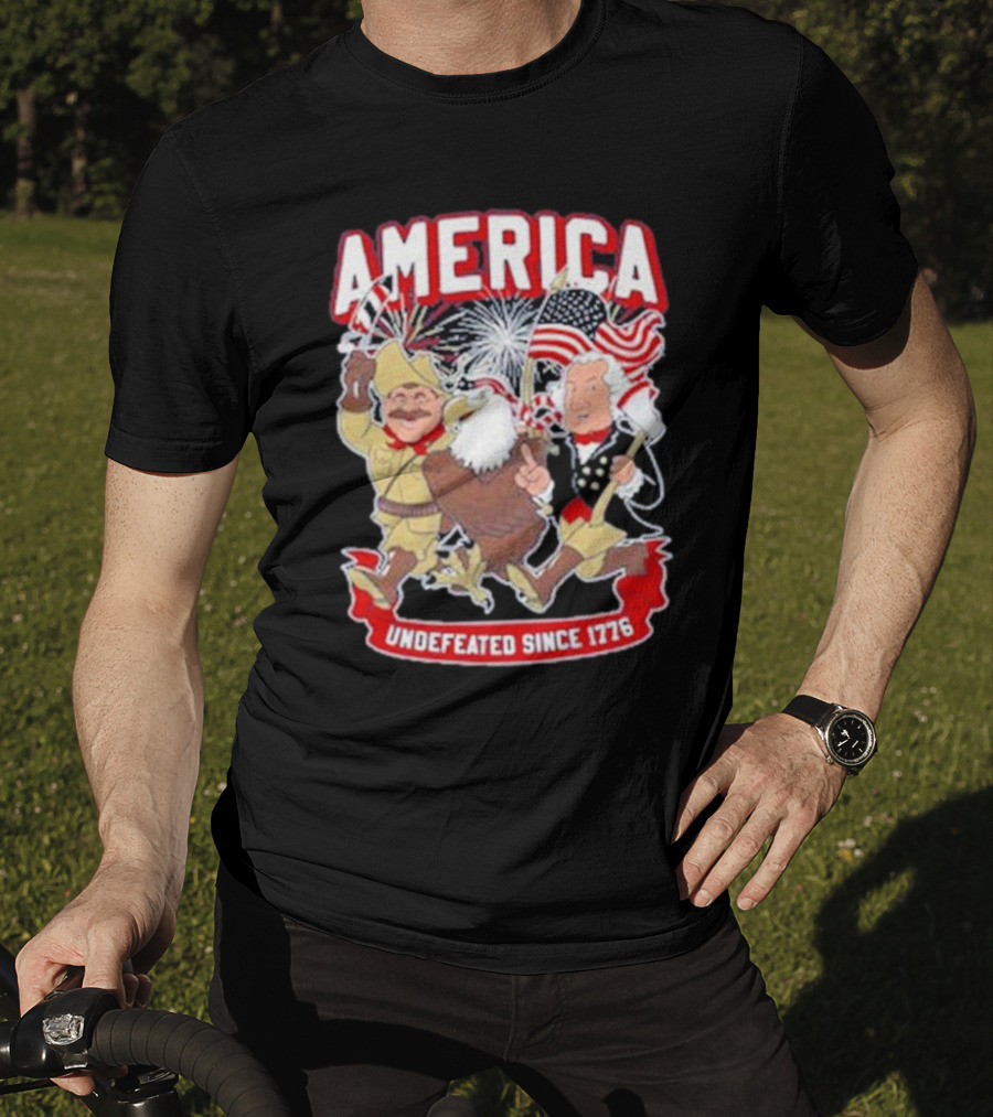 America Undefeated Since 1776 Patriotic Imagery With Eagle Fireworks Flags T-Shirt