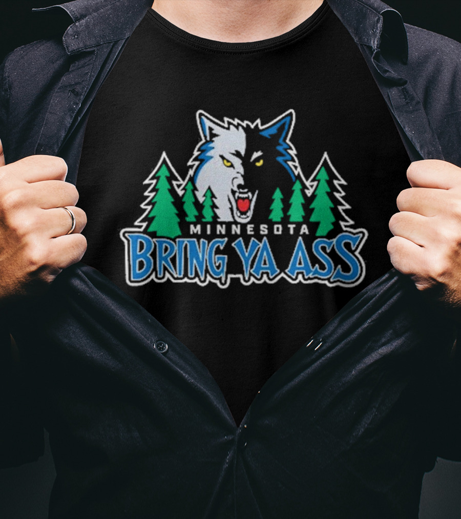 Minnesota Bring Ya Ass Wolf Logo With Trees T-Shirt