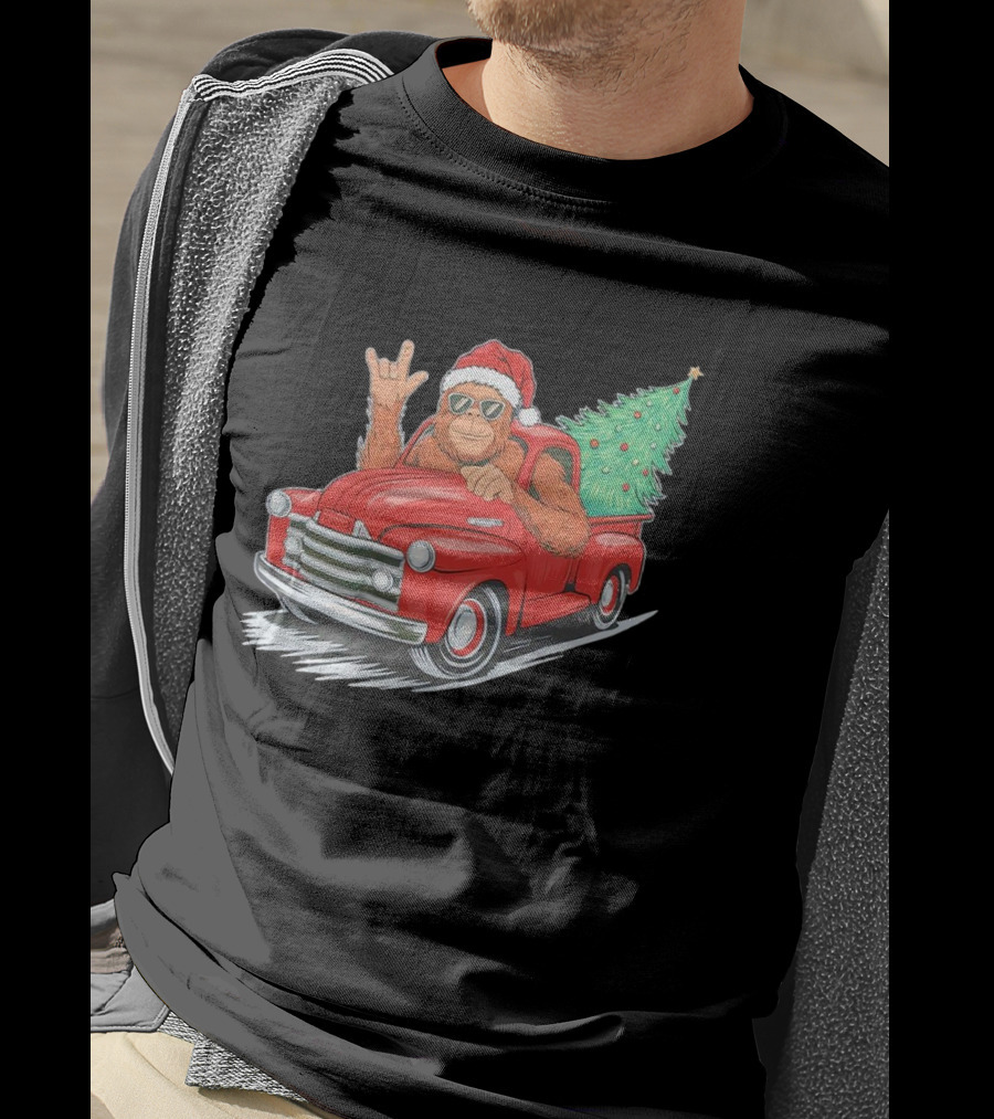 Bigfoot Rock On Santa Hat Christmas Tree Driving Red Truck T-Shirt