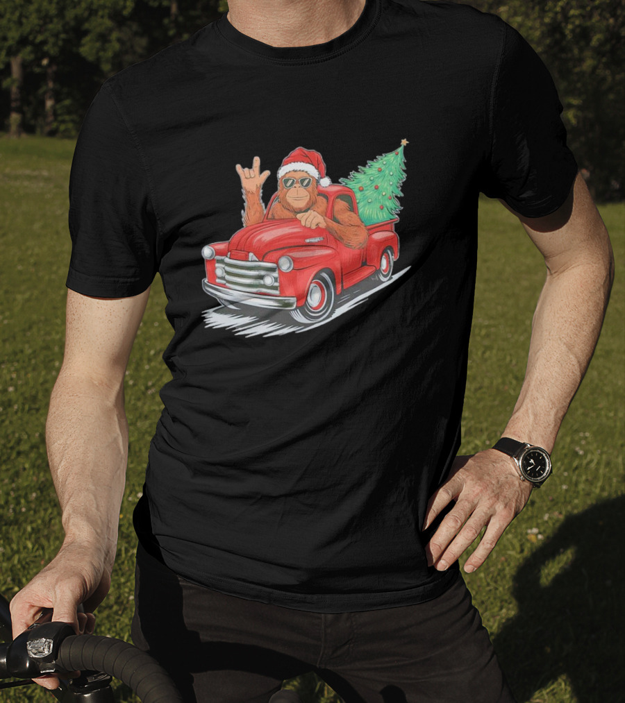 Bigfoot Rock On Santa Hat Christmas Tree Driving Red Truck T-Shirt
