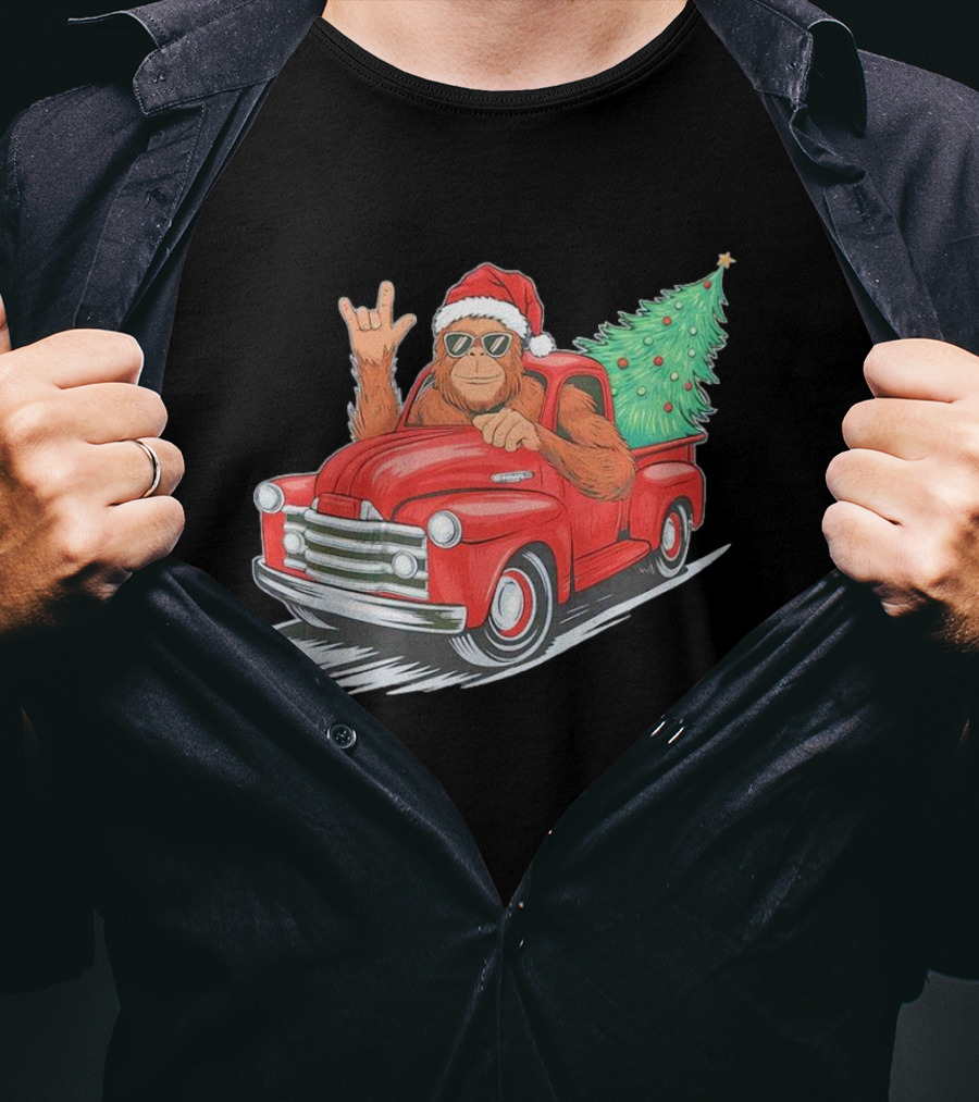 Bigfoot Rock On Santa Hat Christmas Tree Driving Red Truck T-Shirt