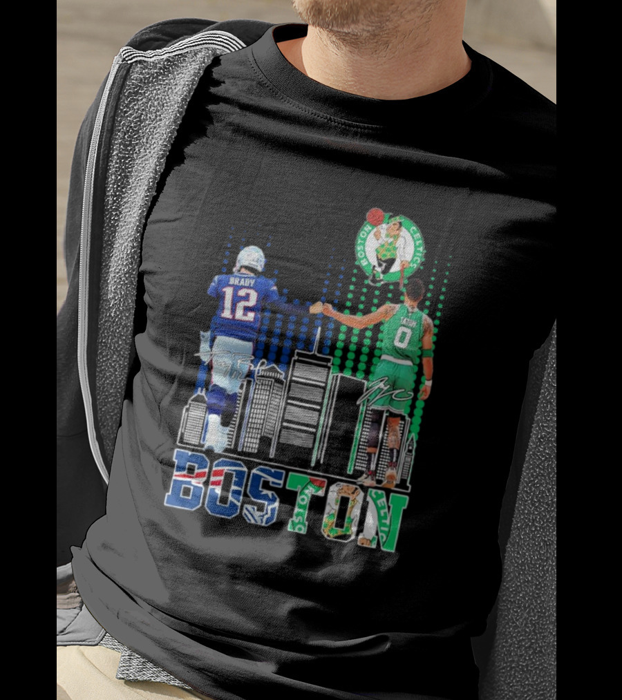 Boston Patriots And Celtics Skyline Featuring Tom Brady And Jayson Tatum Signatures T-Shirt