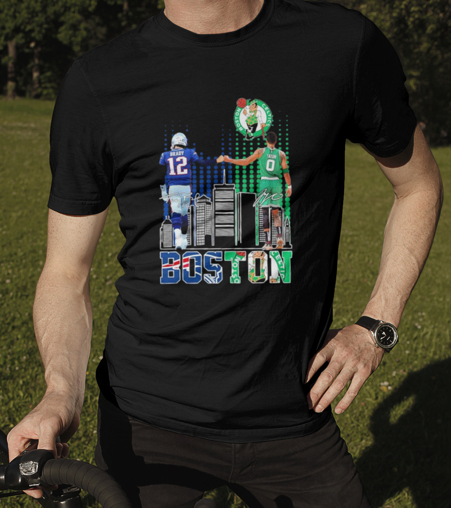 Boston Patriots And Celtics Skyline Featuring Tom Brady And Jayson Tatum Signatures T-Shirt