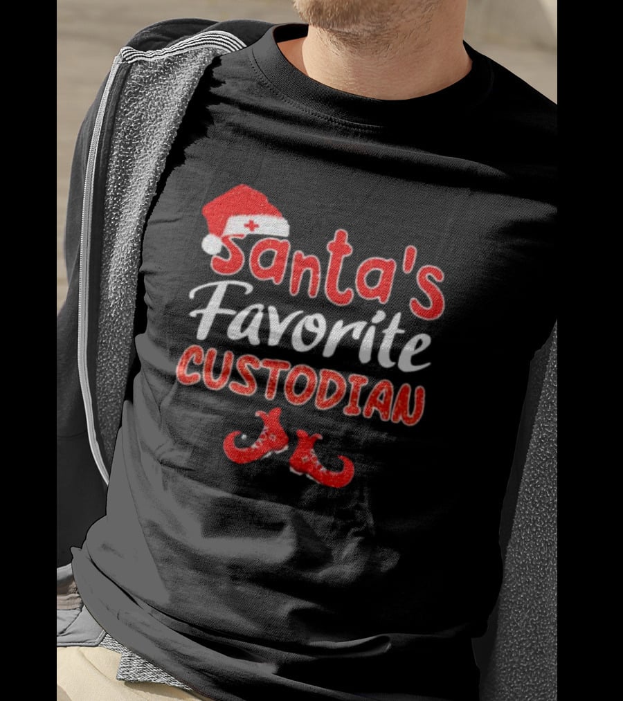 Santa's Favorite Custodian Festive Holiday Santa Hat And Elf Shoes T-Shirt