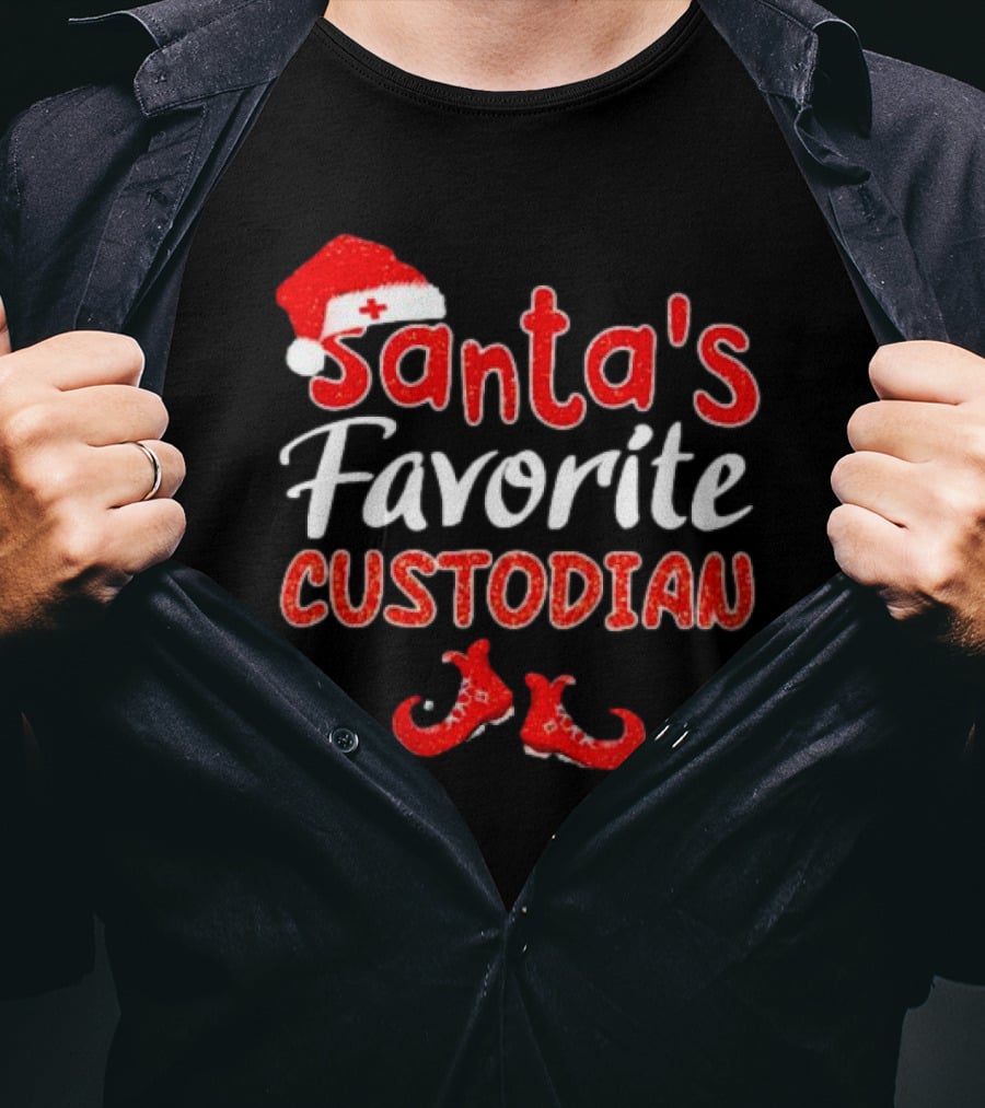 Santa's Favorite Custodian Festive Holiday Santa Hat And Elf Shoes T-Shirt